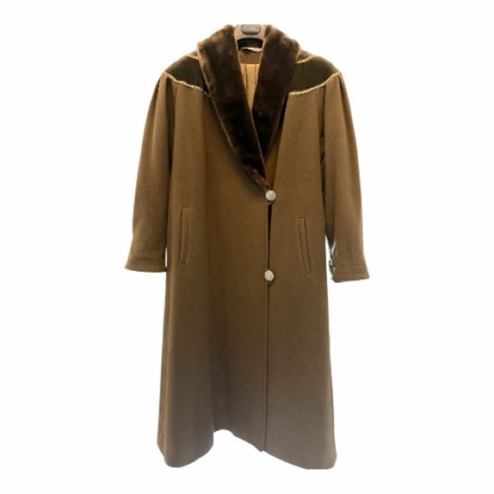Vintage Goodman Manteau Long Army Green Coat with Plush Faux Fur Collar